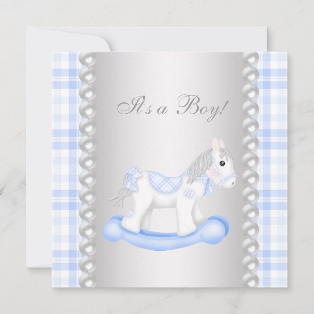 Invitation Fête de bébé garçon Cheval à Bascule Gingham Bleu  (Devant)