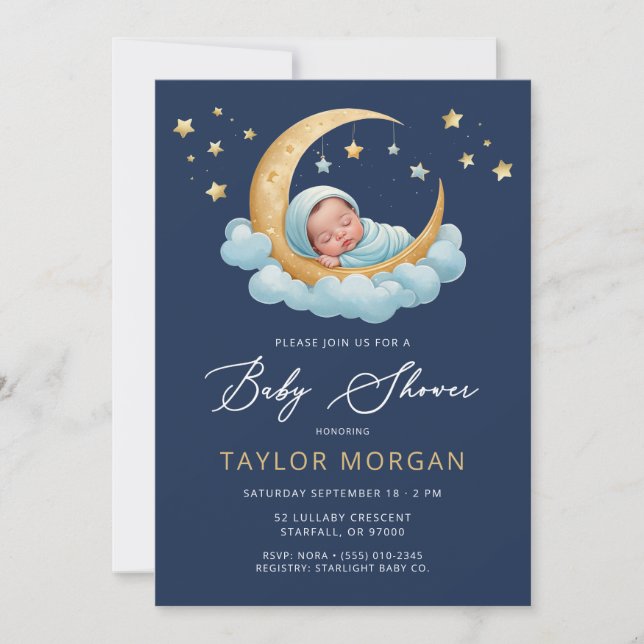Invitation Fête de bébé garçon Ciel de Lune et Étoiles Navy  (Devant)