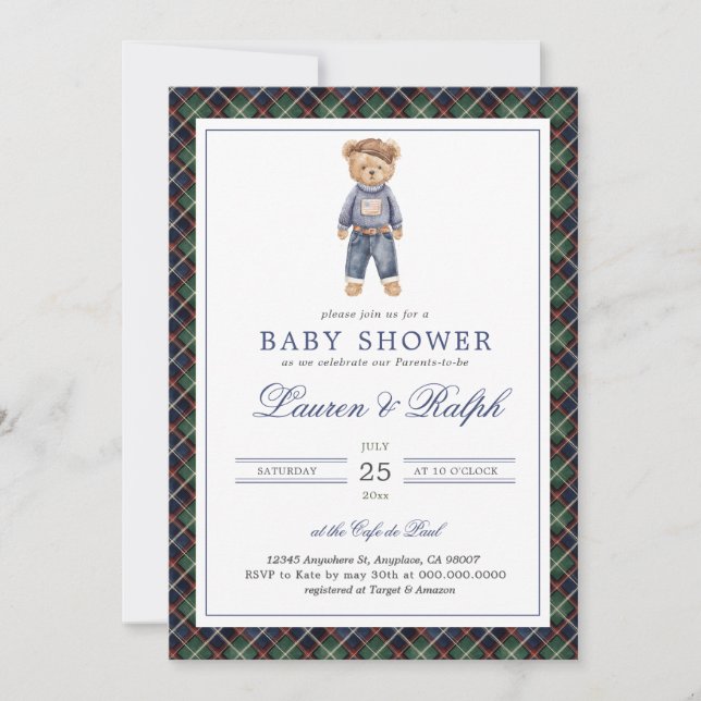 Invitation Fête de bébé garçon classique ours polaire Préppy (Devant)
