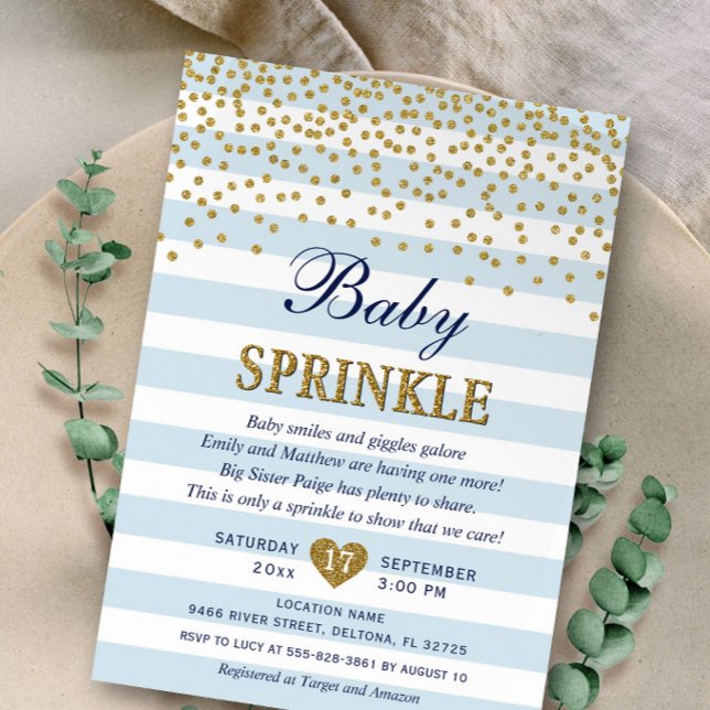 Invitation Fête de bébé garçon confettis rayure or bleu clair (Créateur téléchargé)