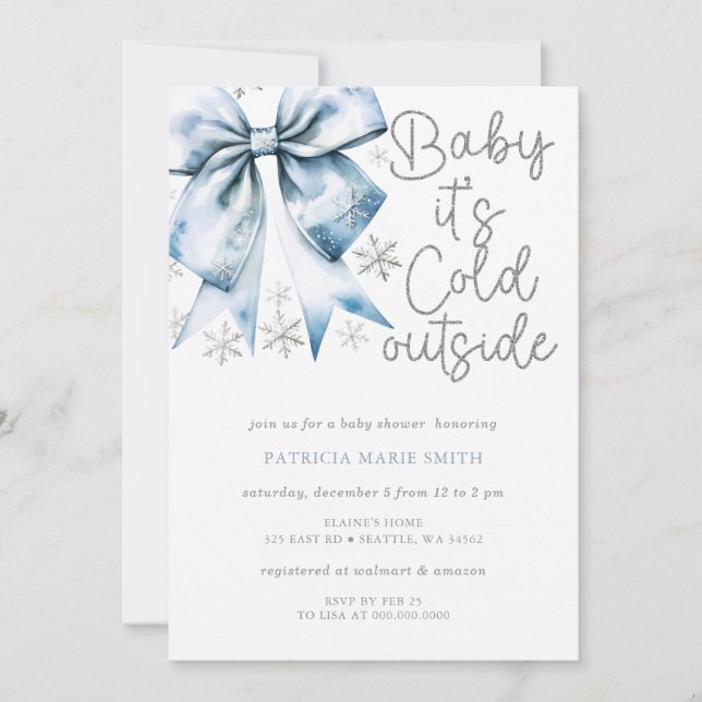 Invitation Fête de Bébé Garçon Coquette Ruban Bleu Cold Outsi (Devant)
