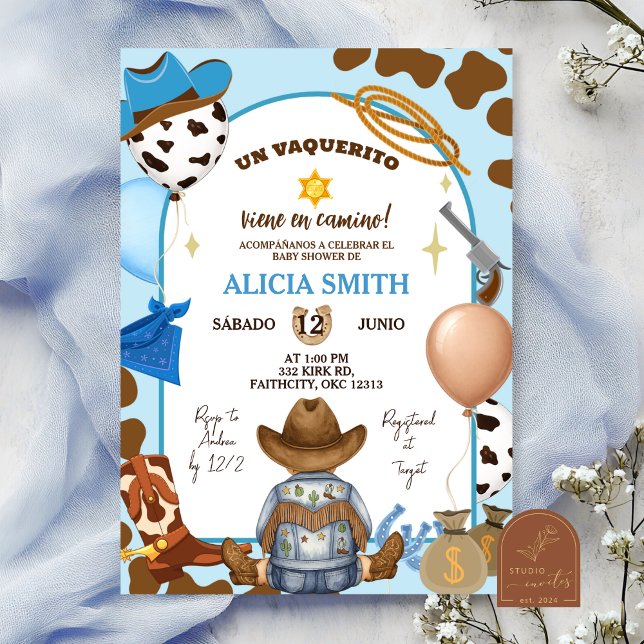 Invitation Fête de bébé garçon cowboy bleu espagnol (Créateur téléchargé)