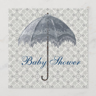 Invitation Fête de bébé garçon damassé parapluie bleu vintage
