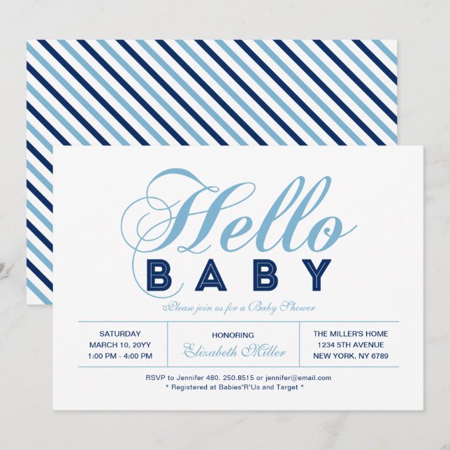 Invitation Fête de bébé garçon de typographie moderne, saupou (Devant / Derrière)