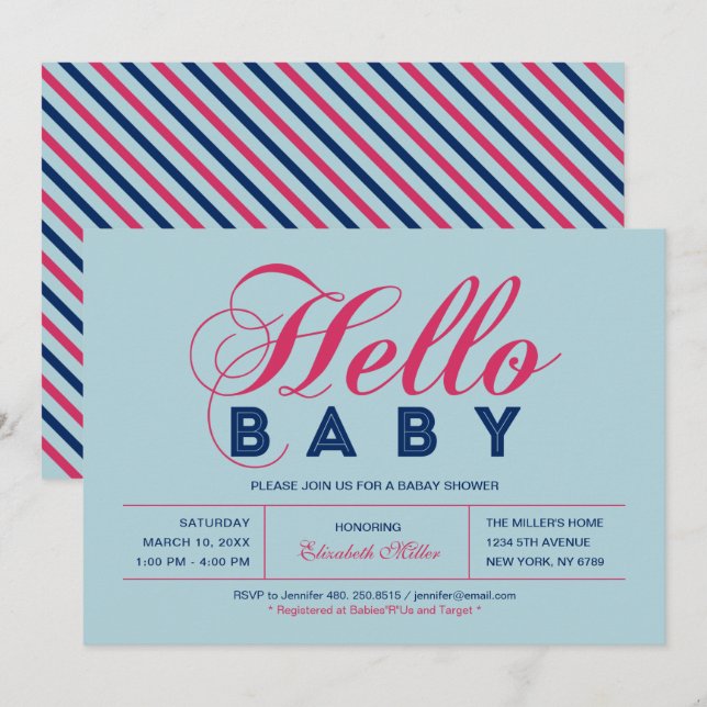 Invitation Fête de bébé garçon de typographie moderne, saupou (Devant / Derrière)
