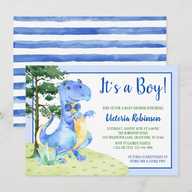 Invitation Fête de bébé garçon dinosaure (Devant / Derrière)