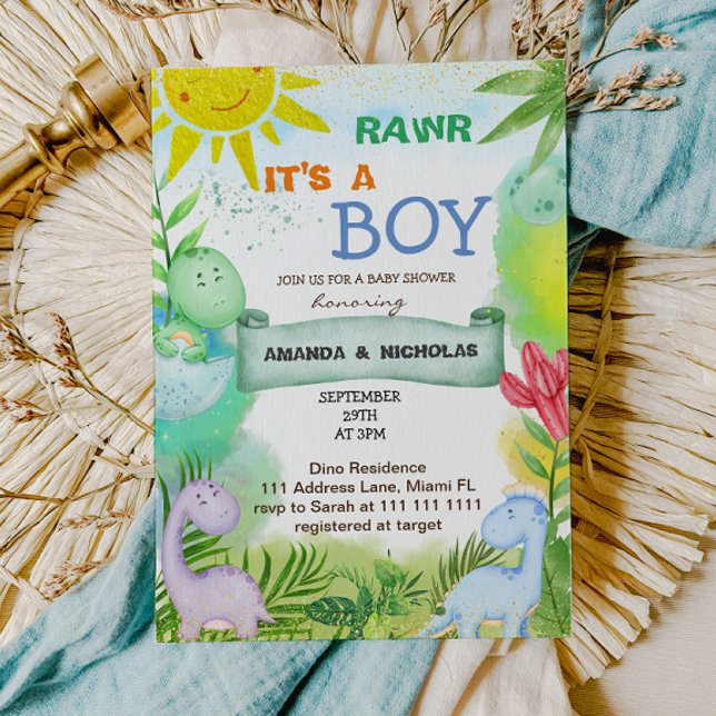 Invitation Fête de Bébé Garçon Dinosaures Mignons (Créateur téléchargé)
