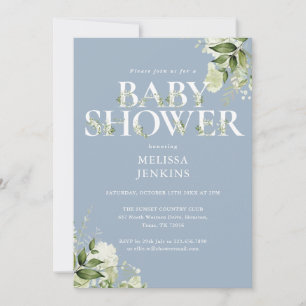 Invitation Fête de bébé garçon dusty blue avec feuillage Tout