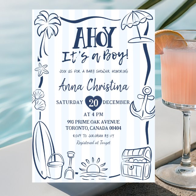 Invitation Fête de bébé garçon Dusty Blue Quriky Ahoy (Créateur téléchargé)