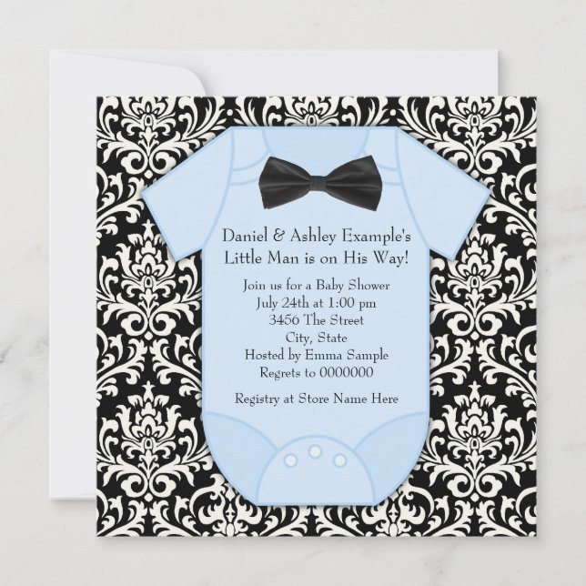 Invitation Fête de bébé garçon en Damassé Noir et Bleu (Devant)