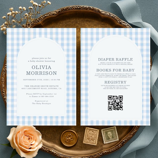 Invitation Fête de bébé garçon en Gingham Bleu Tout en Un (Créateur téléchargé)