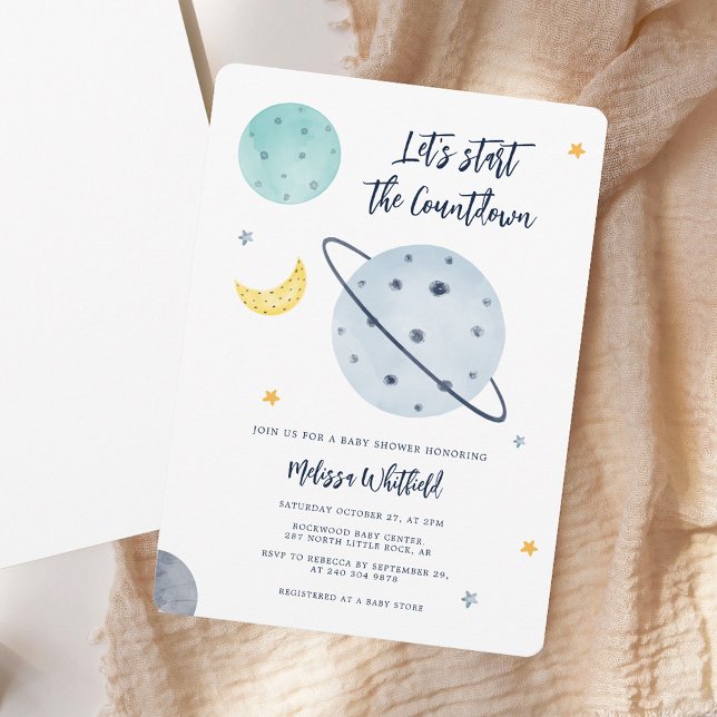 Invitation Fête de Bébé Garçon Espace Moderne (Modern Outer Space Script Boy Baby Shower Invitation)