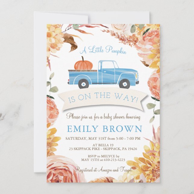 Invitation Fête de bébé garçon Fleurs d'automne Bleu PETITE C (Devant)