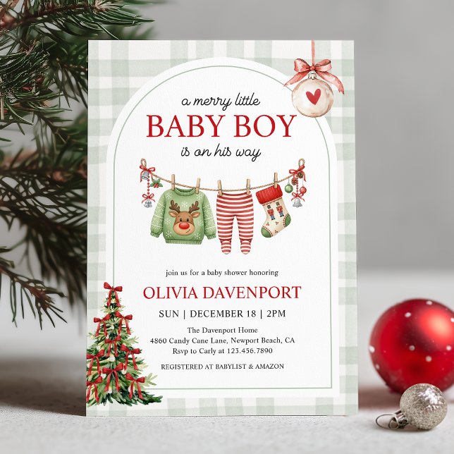 Invitation Fête de Bébé Garçon Gingham Noël Little Merry (Créateur téléchargé)