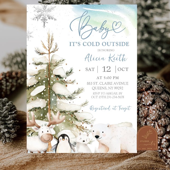 Invitation Fête de bébé garçon hiver animaux arctiques (Créateur téléchargé)