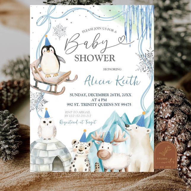 Invitation Fête de bébé garçon hiver animaux arctiques (Créateur téléchargé)
