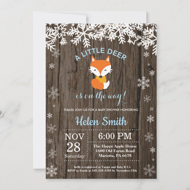 Invitation Fête de Bébé Garçon Hiver Renard Rustique (Devant)