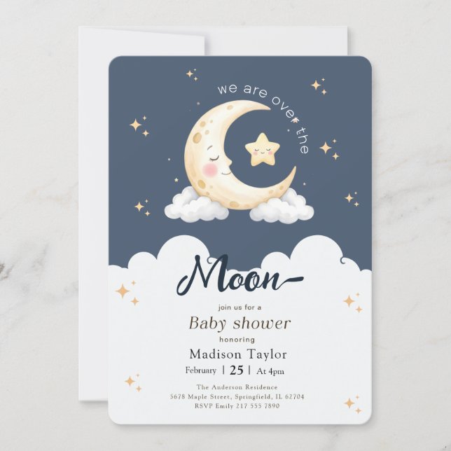 Invitation Fête de bébé garçon Lune et Étoiles Mystiques (Devant)