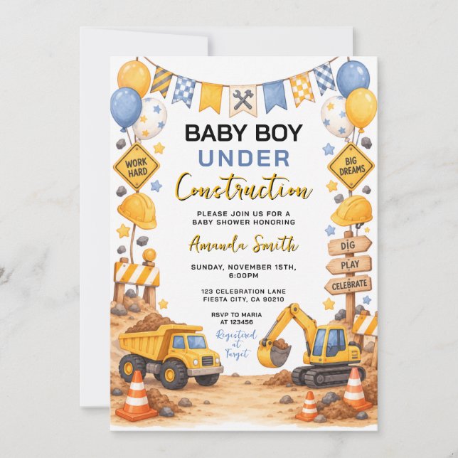 Invitation Fête de Bébé Garçon Mignon sous Chantier de Constr (Devant)