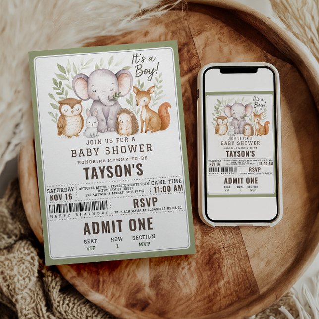 Invitation Fête de Bébé Garçon Moderne Animaux de la Forêt (Créateur téléchargé)