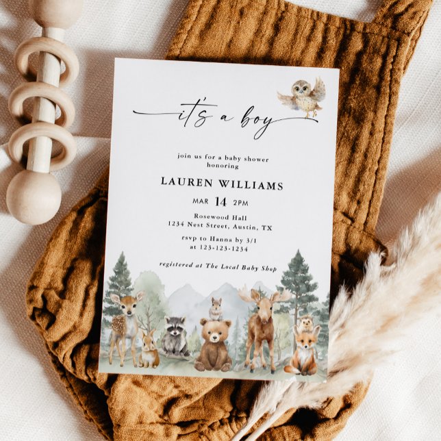 Invitation Fête de Bébé Garçon Moderne Animaux de la Forêt (Créateur téléchargé)