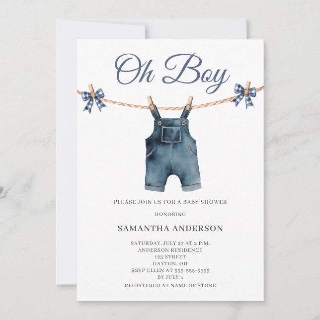 Invitation Fête de Bébé Garçon Moderne Oh Garçon Salopette  (Devant)