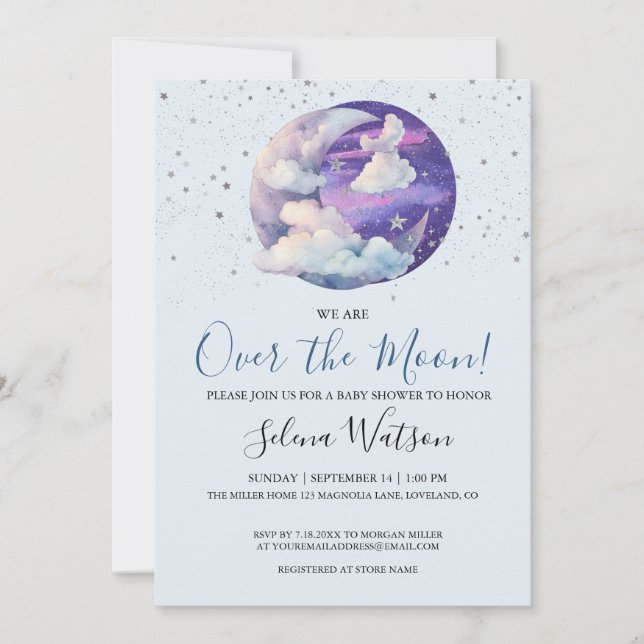 Invitation Fête de Bébé Garçon Moderne Sous la Lune (Devant)