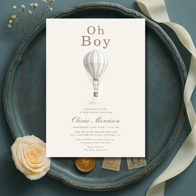 Invitation Fête de Bébé Garçon Montgolfière Bleue Oh Boy (Créateur téléchargé)