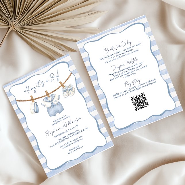 Invitation Fête de bébé garçon nautique tout-en-un  (Nautical Boy Clothesline All-in-One Baby Shower Invitation)