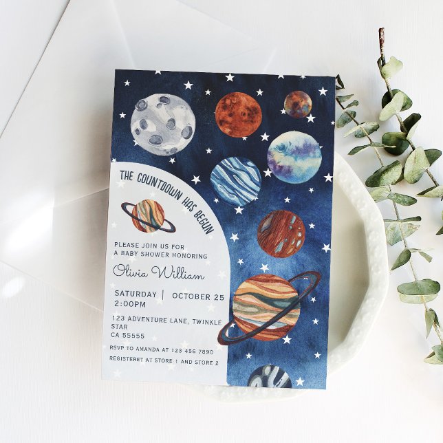Invitation Fête de bébé garçon Navy Bleu Planètes Espace (Créateur téléchargé)