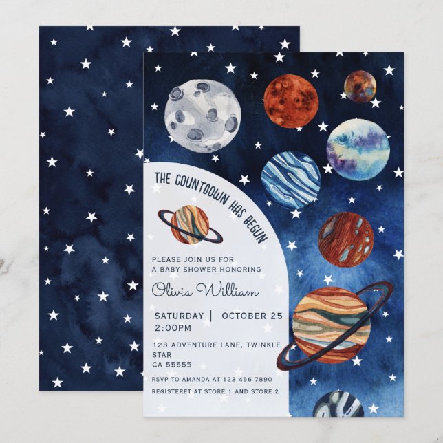 Invitation Fête de bébé garçon Navy Bleu Planètes Espace (Devant / Derrière)