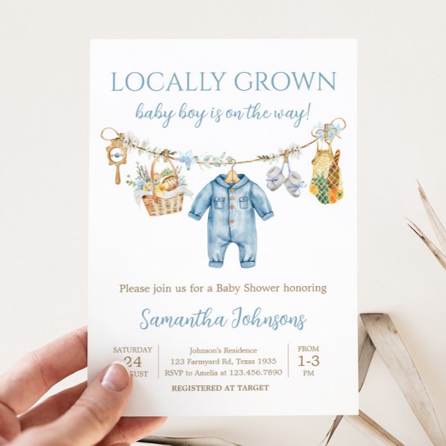 Invitation Fête de Bébé Garçon Né Localement (Blue Locally Grown Baby Shower Invitation)