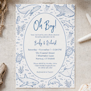 Invitation Fête de bébé garçon Océan Animal Marin Minimaliste