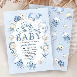 Invitation Fête de Bébé Garçon Océan Bleu Animaux Bientôt Vou
