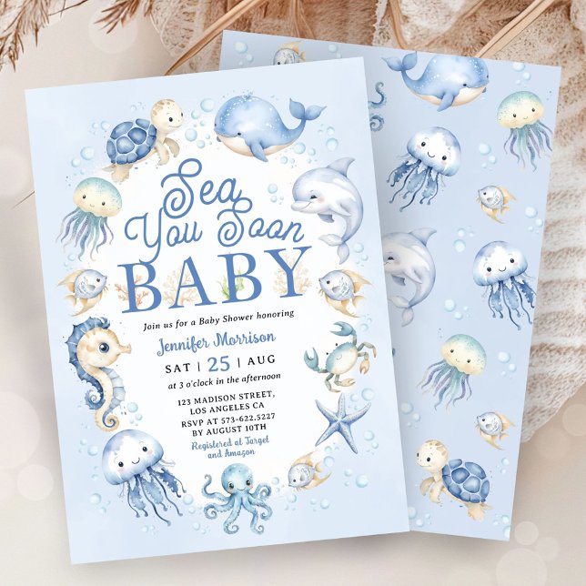 Invitation Fête de Bébé Garçon Océan Bleu Animaux Bientôt Vou (Créateur téléchargé)