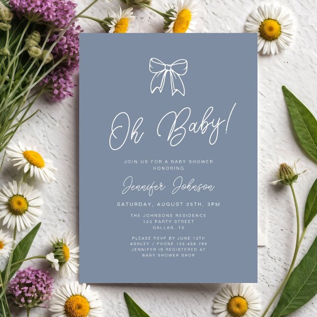 Invitation Fête de Bébé Garçon Oh Bébé Ruban Coquette Bleu Po (Dusty Blue Coquette Bow Boy Oh Baby Shower Invitation)