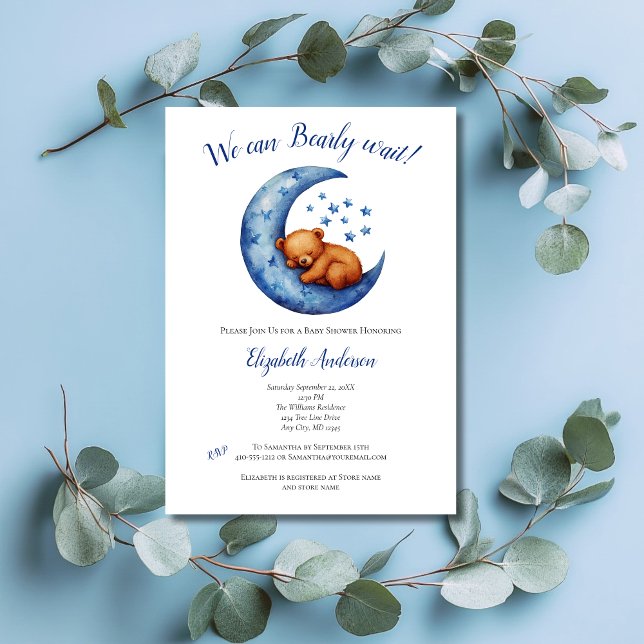 Invitation Fête de bébé garçon ours bleu lune à peine attendr (Baby Boy Baby Shower invitation, We Can Bearly Wait, Baby Bear in Blue Moon with Stars)