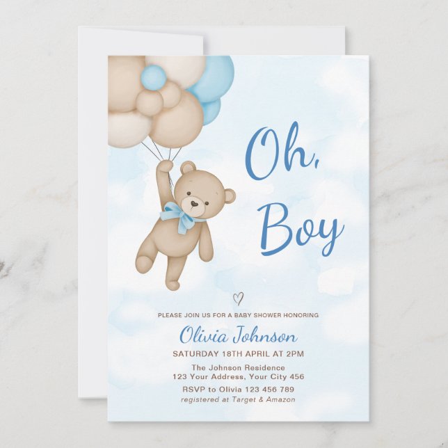 Invitation Fête de bébé garçon Ourson (Devant)