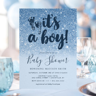Invitation Fête de Bébé Garçon Paillettes Ombre Bleu Marine