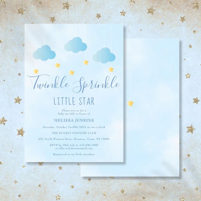 Invitation Fête de Bébé Garçon Petite Étoile Brillante Boy Bl (Twinkle Sprinkle Little Star Boy Blue Baby Shower Invitation)