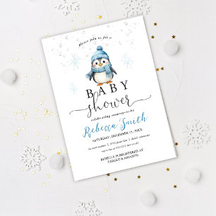 Invitation Fête de bébé garçon pingouin bleu mignon hiver