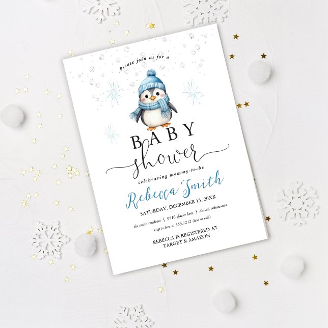 Invitation Fête de bébé garçon pingouin bleu mignon hiver (Créateur téléchargé)