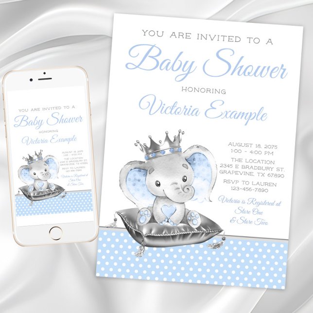 Invitation Fête de bébé garçon Prince Éléphant (Boy elephant prince baby shower invitation. Instant download and printed invitations available.)