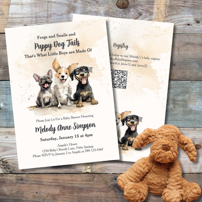 Invitation Fête de Bébé Garçon Queues de Chiots (Boy Baby Shower Invitation: Frogs, Snails and Puppy Dog Tails, That's What Little Boys are Made Of)