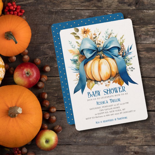 Invitation Fête de bébé garçon ruban bleu citrouille automne (Créateur téléchargé)
