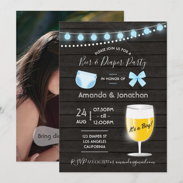 Invitation Fête de bébé garçon rustique à bière et couches da (Devant / Derrière)