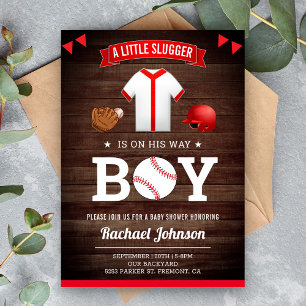 Invitation Fête de Bébé Garçon Sportif Bois Rustique Baseball