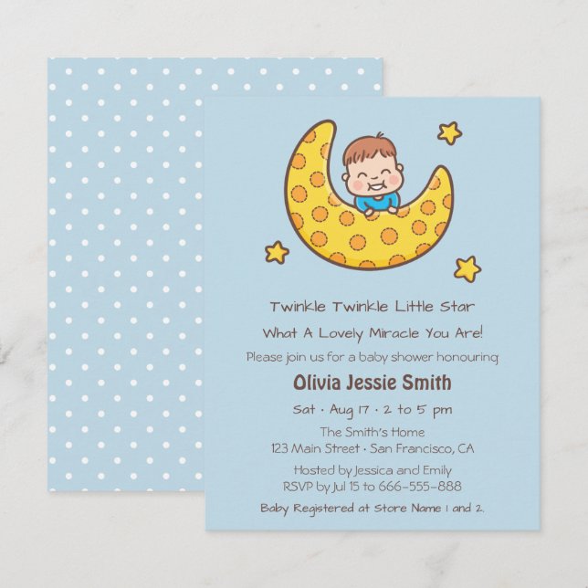 Invitation Fête de Bébé Garçon sur la Lune Berceuse Étoile (Devant / Derrière)