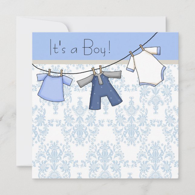 Invitation Fête de bébé garçon sur un fil à linge (Devant)