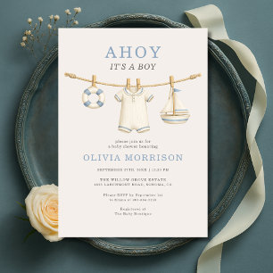 Invitation Fête de bébé garçon sur une corde à linge avec 'Ah